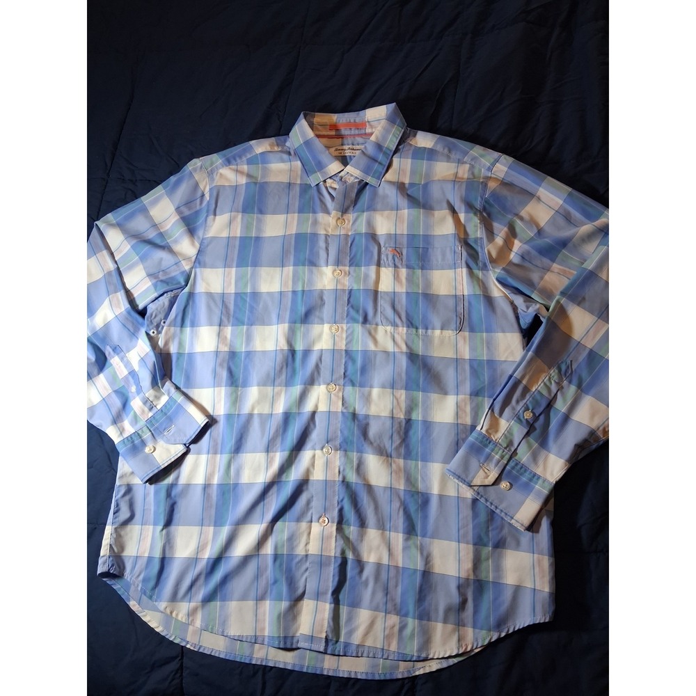 Tommy Bahama Men's Large Siesta Key Stretch Blue Pink Plaid Button Down Shirt